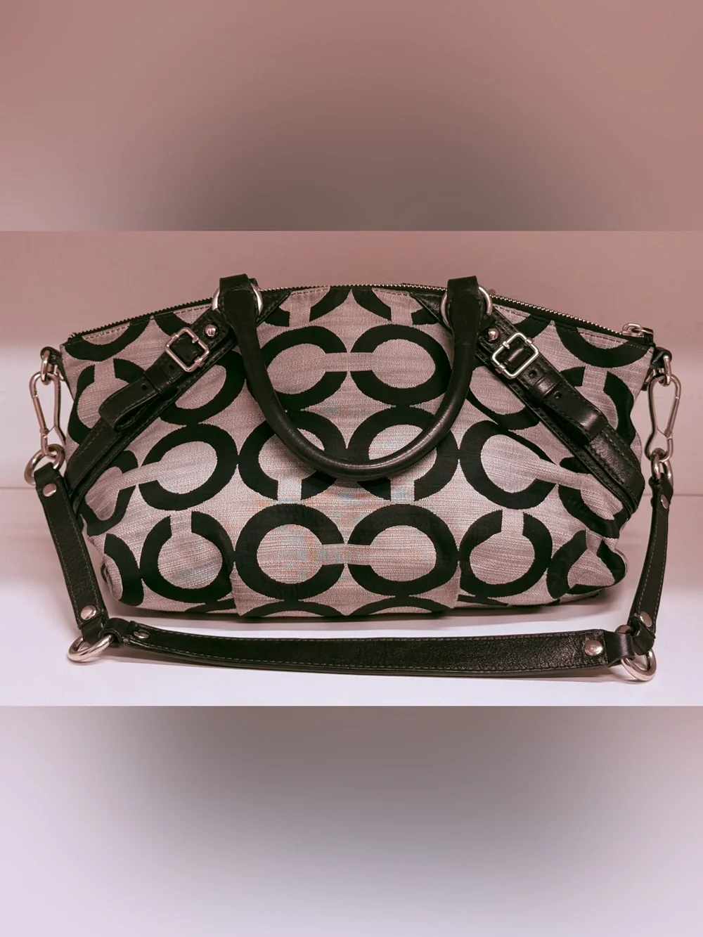 Coach Op Art Signature Jacquard Satchel Crossbody Black Ivory Style 17000 EUC